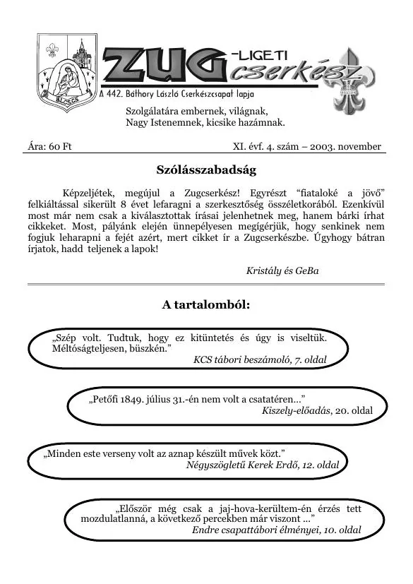ZugCserkész 2003. november — címlap